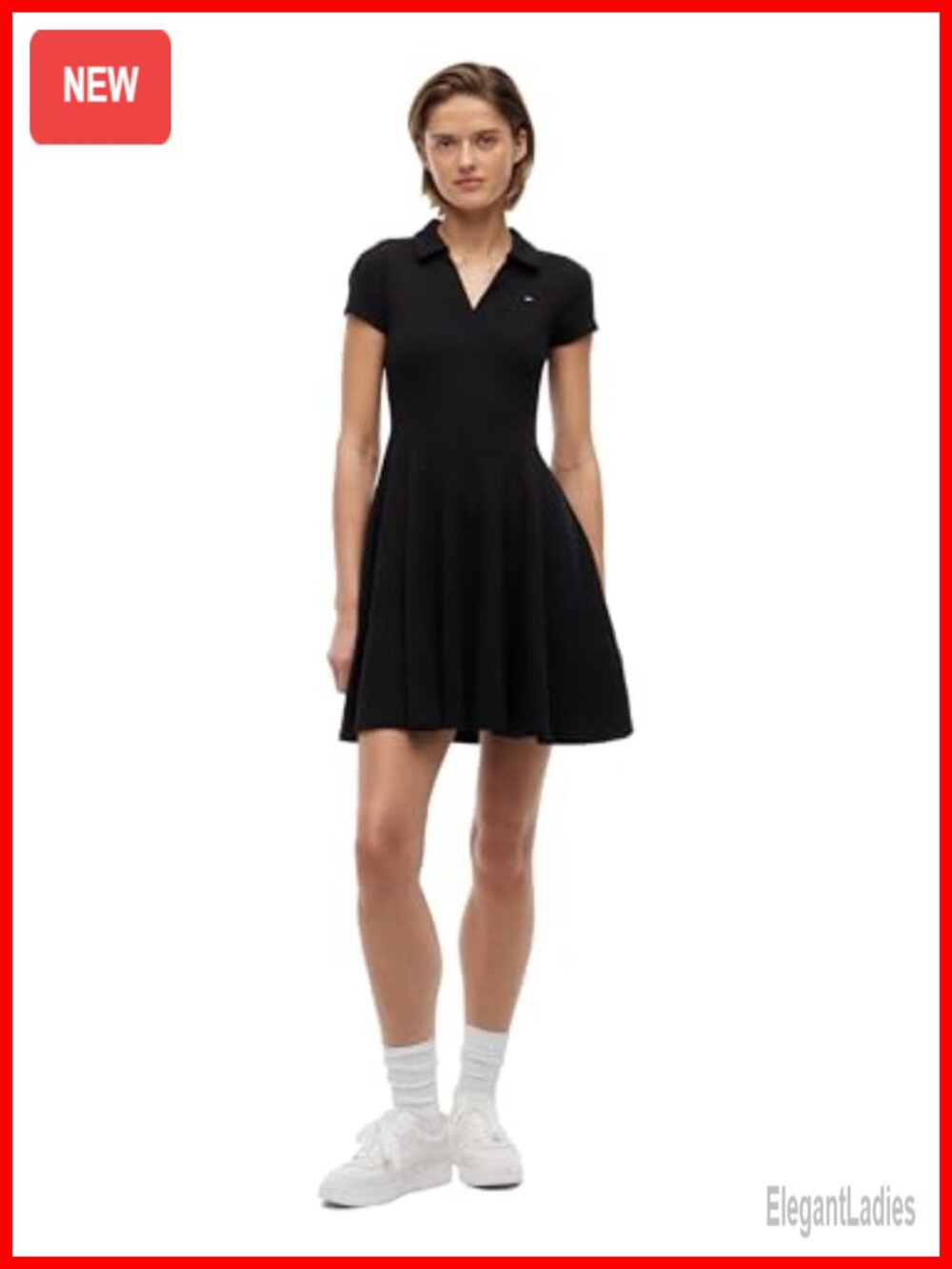Women's Cotton Fit & Flare Polo Mini Dress Short Sleeve V-Neck Collared